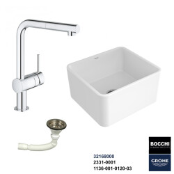 Bocchi Lavello 50 cm Seramik Eviye Grohe Minta Spiralli Eviye Bataryası Seti(Sifon Dahil ) - 1