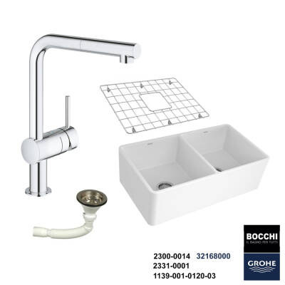 Bocchi Lavello 50 cm Seramik Eviye Grohe Minta Spiralli Eviye Bataryası Seti(Tel Izgara ve Sifon Dahil ) - 1