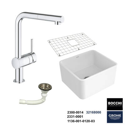 Bocchi Lavello 50 cm Seramik Eviye Grohe Minta Spiralli Eviye Bataryası Seti(Tel Izgara ve Sifon Dahil ) - 1