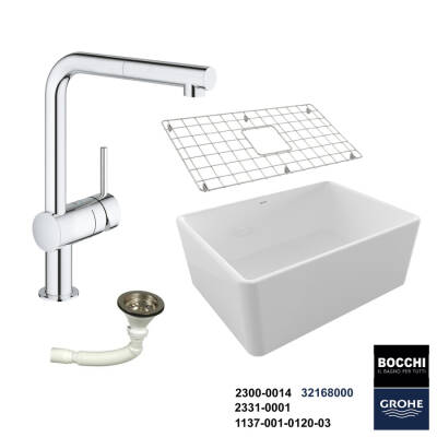 Bocchi Lavello 60 cm Seramik Eviye Grohe Minta Spiralli Eviye Bataryası Seti(Tel Izgara ve Sifon Dahil ) - 1