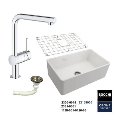 Bocchi Lavello 76 cm Seramik Eviye Grohe Minta Spiralli Eviye Bataryası Seti(Tel Izgara ve Sifon Dahil ) - 1