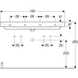 Geberit Smyle Square lavabo: B=120cm, T=48cm, Batarya deliği=Sol ve sağ, Taşma deliği=Görünür, Beyaz - 4