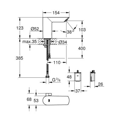 Grohe Bau Cosmopolitan E Fotoselli Lavabo Bataryası 1/2', Çift Su Girişli Ayarlanabilir Sıcaklık Sınırlayıcısı İle - 36451000 - 2