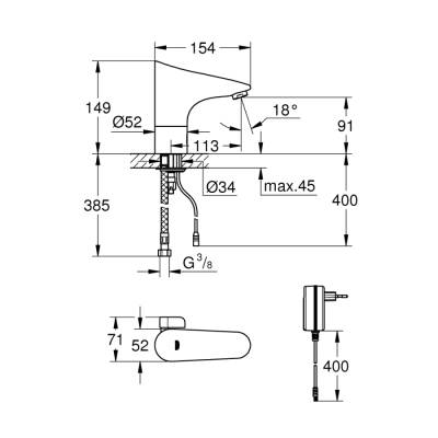 Grohe Europlus E Fotoselli Lavabo Bataryası, 1/2', Çift Su Girişli Ayarlanabilir Sıcaklık Sınırlayıcısı - 36015001 - 2