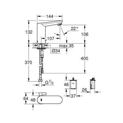 Grohe Eurosmart Cosmopolitan E Fotoselli Lavabo Bataryası, 1/2', Çift Su Girişli Ayarlanabilir Sıcaklık Sınırlayıcısı - 36327001 - 2