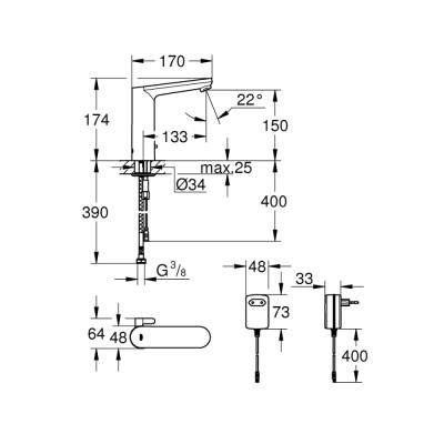 Grohe Eurosmart Cosmopolitan E Fotoselli Lavabo Bataryası, 1/2', L-Boyut, Çift Su Girişli, Ayarlanabilir Sıcaklık Sınırlayıcısı - 36421000 - 2