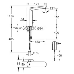 Grohe Eurosmart Cosmopolitan E Fotoselli Lavabo Bataryası, 1/2', L - Boyut, Çift Su Girişli, Ayarlanabilir Sıcaklık Sınırlayıcısı - 36421001 - 2