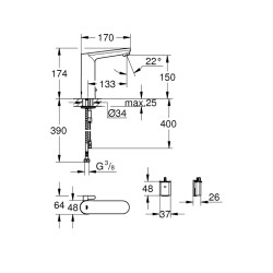 Grohe Eurosmart Cosmopolitan E Fotoselli Lavabo Bataryası, 1/2', L-Boyut, Çift Su Girişli, Ayarlanabilir Sıcaklık Sınırlayıcısı - 36422000 - 2