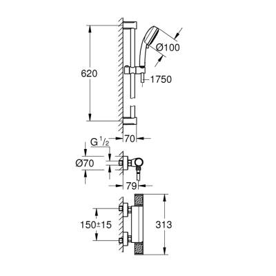 Grohe Grohtherm 1000 Performance Termostatik Duş Bataryası / Duş Seti Dahil - 34783000 - 2