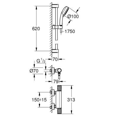 Grohe Grohtherm 1000 Performance Termostatik Duş Bataryası / Duş Seti Dahil - 34834000 - 2