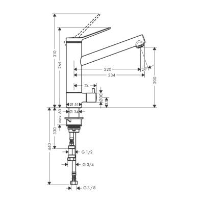 HansGrohe Zesis M33 Tek Kollu Eviye Bataryası, 200, Açma - Kapama Valfi, Coolstart, 1Jet - 74807000 - 2